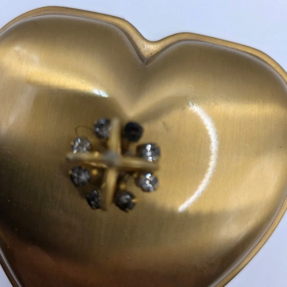 Vintage‎ Gold Heart Jewelry Box Rhinestone Crown Finial Hinged Trinket Case